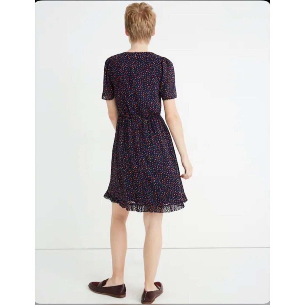 Madewell Flutter Sleeve Ruffle Hem Navy Dress in Sugar Dot - Size 10 - Picture 2 of 12